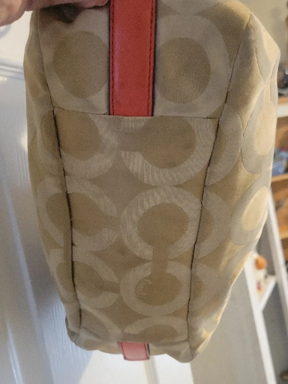 Coach; Signature Madison Op Art 'Maggie' Shoulder Bag; Minor Wear; 14x4x9in